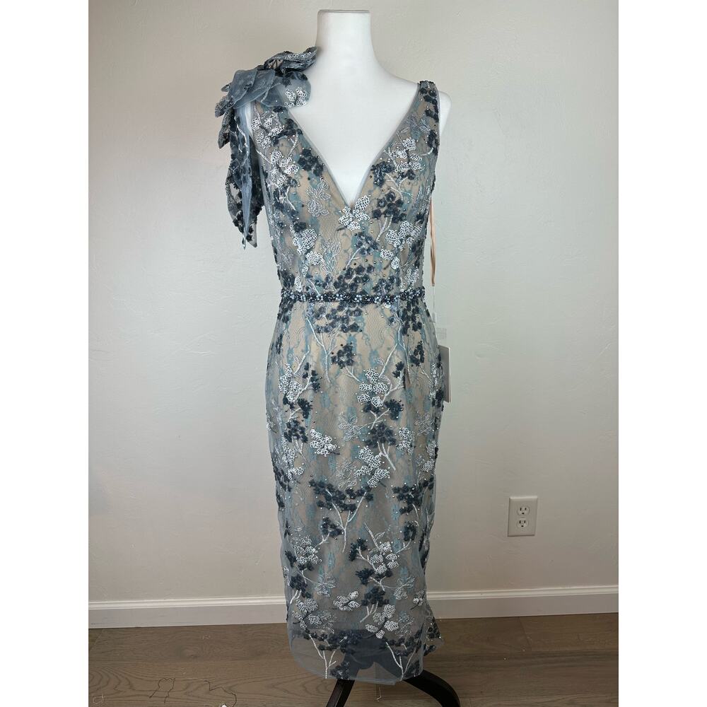 Mac Duggal Silver-Gray Embroidered Floral Midi Dress with Shoulder Bow